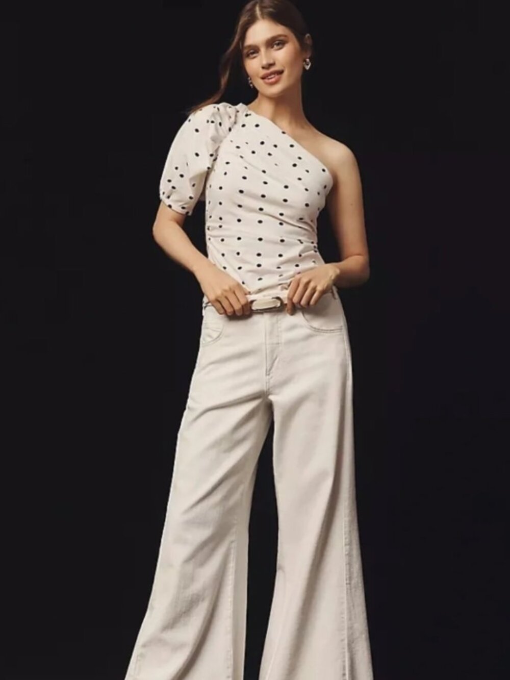 NWT Anthropologie Maeve Bernadette Asymmetric Off-Shoulder Polka Black Dot Top
